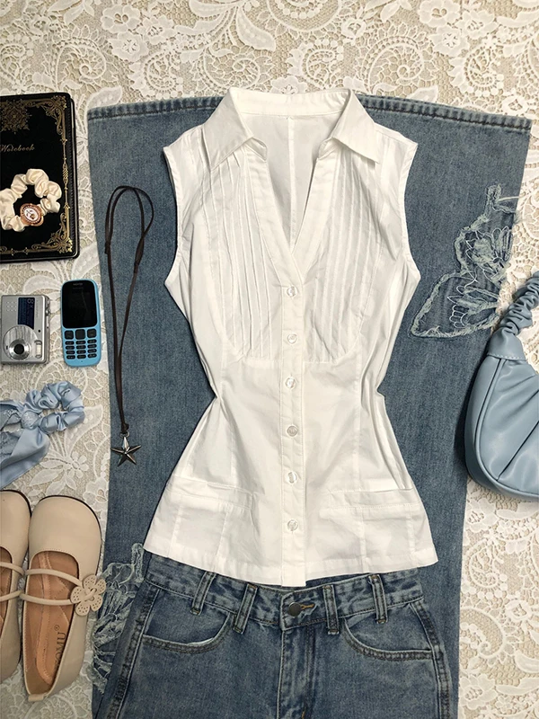 

BaoYao Girl Original White Svel V-Ne irt Women's Summer Waist-Cinching Design Sensation Top Cotton Blend Comfortable