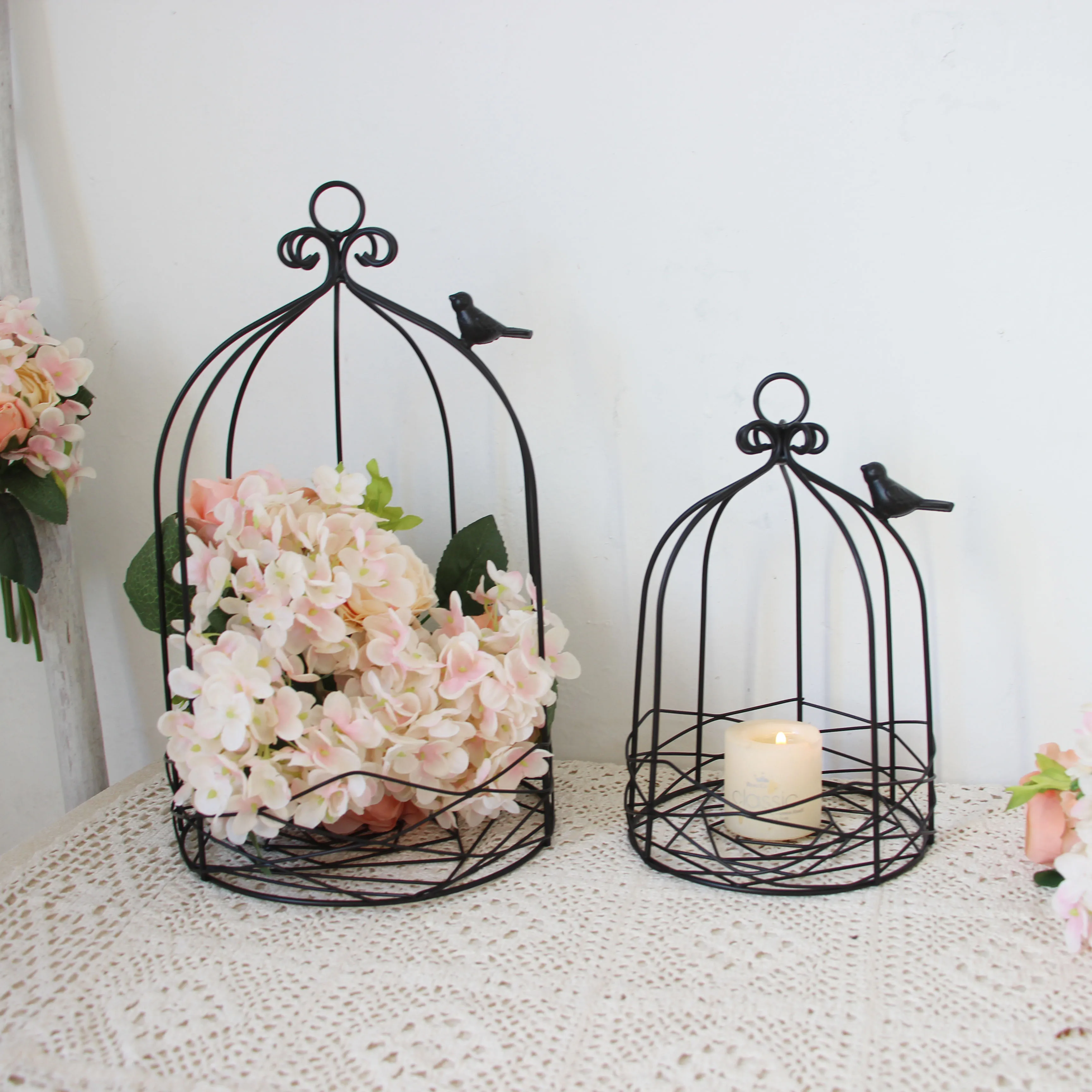 new Outdoor Modern iron garden metal birdcage black line cage with Bird hook decoration hanging flowerpot succulent plants