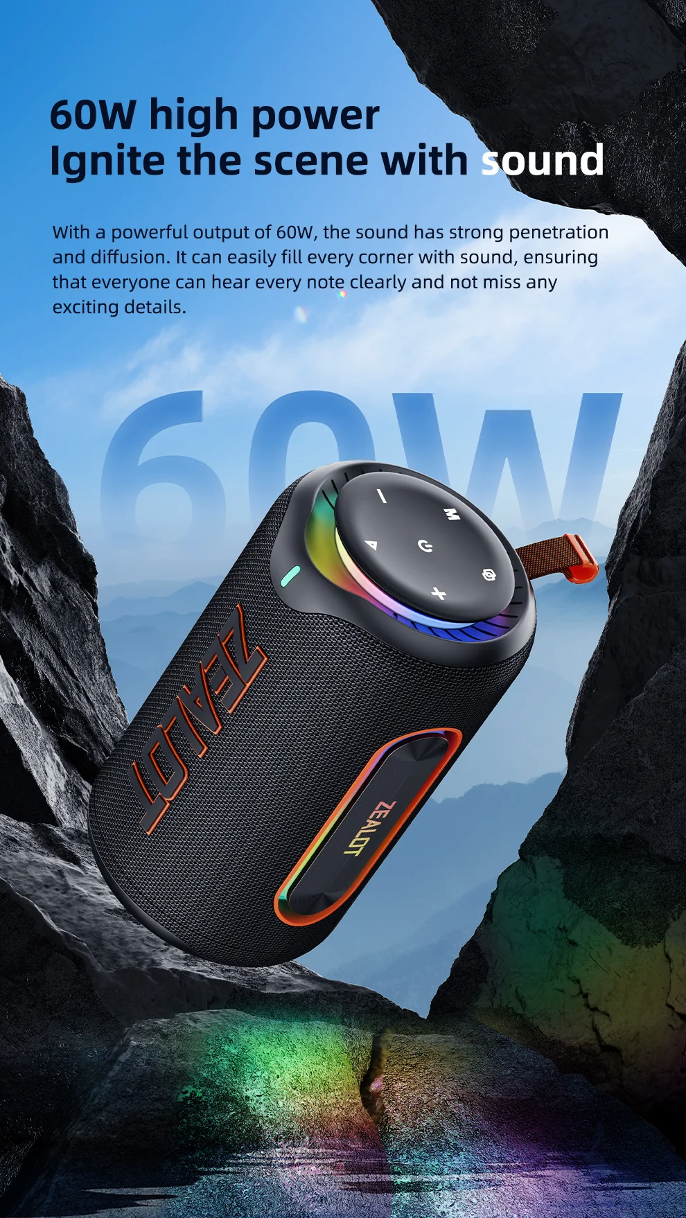 ZEALOT-MP1 Bluetooth-Lautsprecher für den Außenbereich, 60 W Ausgangsleistung, Bluetooth 5.3-Lautsprecher, Stereo-Sound, IPX6 wasserdicht, Micro-SD-Karte, RGB-Licht – Detail 4