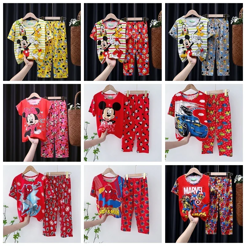 Ensemble de pyjama à manches courtes pour bébé garçon et fille, vêtements de nuit, chemise de nuit, haut, pantalon, dessin animé, Minnie, Marvel, SpidSuffolk, maison, enfant