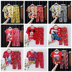 Baby Boy Pajamas Set Cartoon Mickey Minnie Marvel Spiderman Kid Girl Short Sleeve Top Pant Set Home Sleepwear Children Nightgown