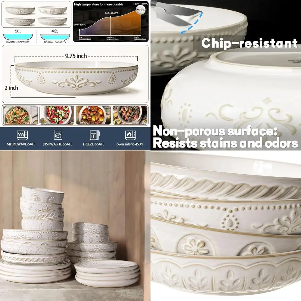 

Набор больших керамических мисок для пасты и салатов, 50 унций, 9,75 дюйма, белые, для супа, можно использовать в микроволновой печи и посудомоечной машине, разные узоры