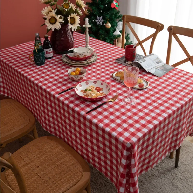 

Nordic Simple Christmas Party Cotton and Linen Rectangular Red and White Plaid