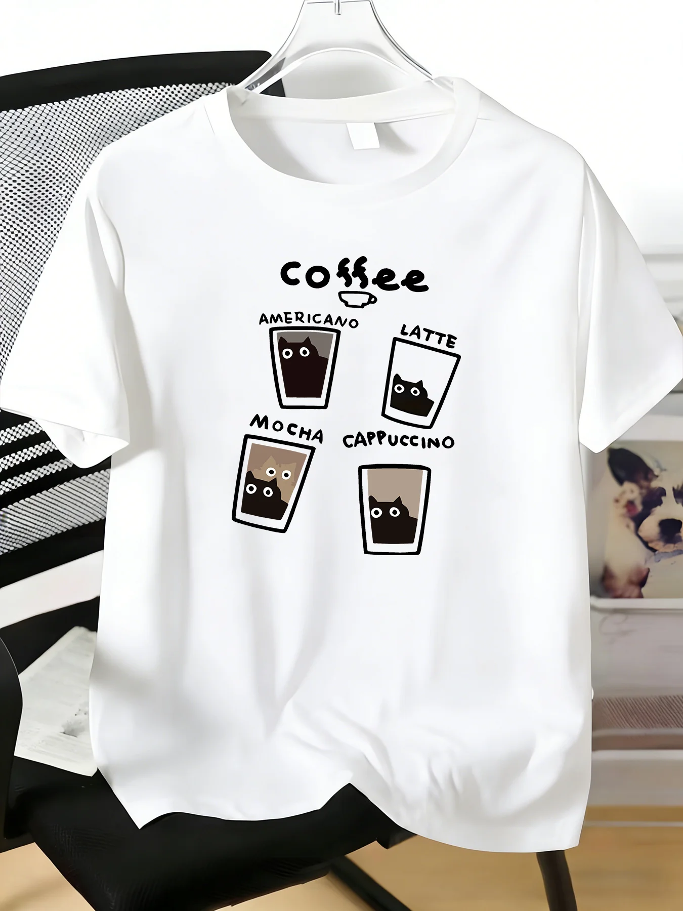 Men Round Neck Cotton Tee Funny Coffee Cup Black Cat Graphic Short Sleeve Summer Trendy Daily Casual Loose Fit Streetwear Top