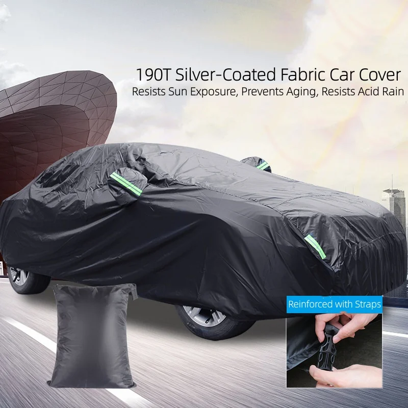 

Универсальный полностью черный автомобильный чехол с серебряным покрытием 190 т, непромокаемый и солнцезащитный ремень, автомобильный чехол, светоотражающая полоса из полиэстера
