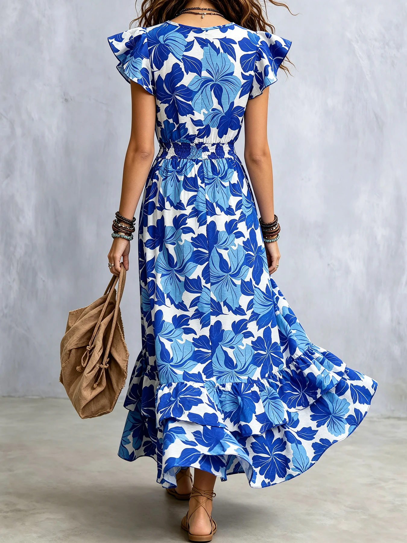 Boho Hibiscus Print V Neck Short Ruffle Sleeve Smocked Waist Vacation Maxi Dress For Women
