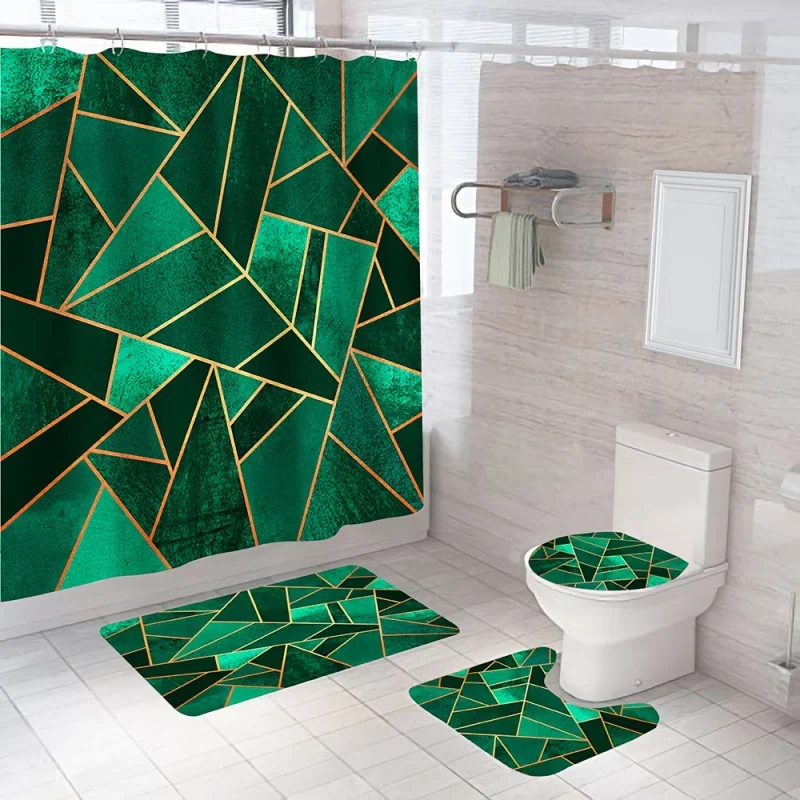 4pcs Green Geo Pattern , Bathroom Decor Set Including Waterproof Shower Curtain, Non-Slip Rug, Toilet Cover, B