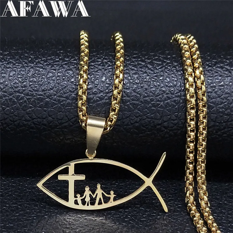 

Ichthys Christ Fish Cross Family Pendant Necklace for Women Men Stainless Steel Gold Color Chain Jewelry collares N1469S02