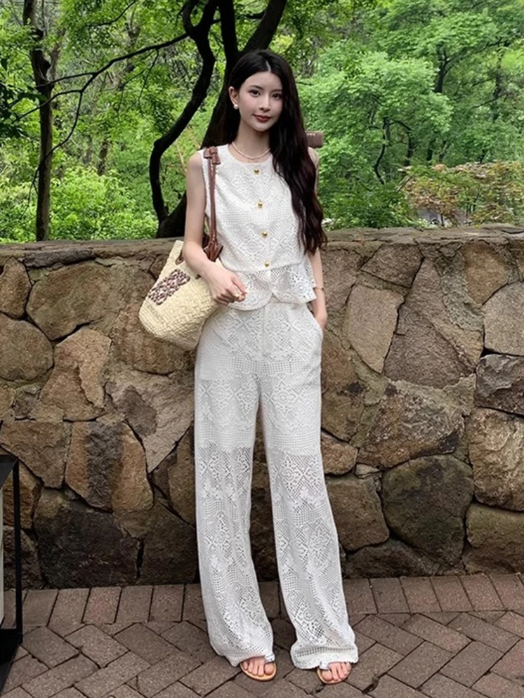 Summer Hollow Lace Crochet Suit Women 2024 New Slim-Fit Vest Top+High Waist Wide Leg Pants Elegant Commuting 2-Piece Set Trendy