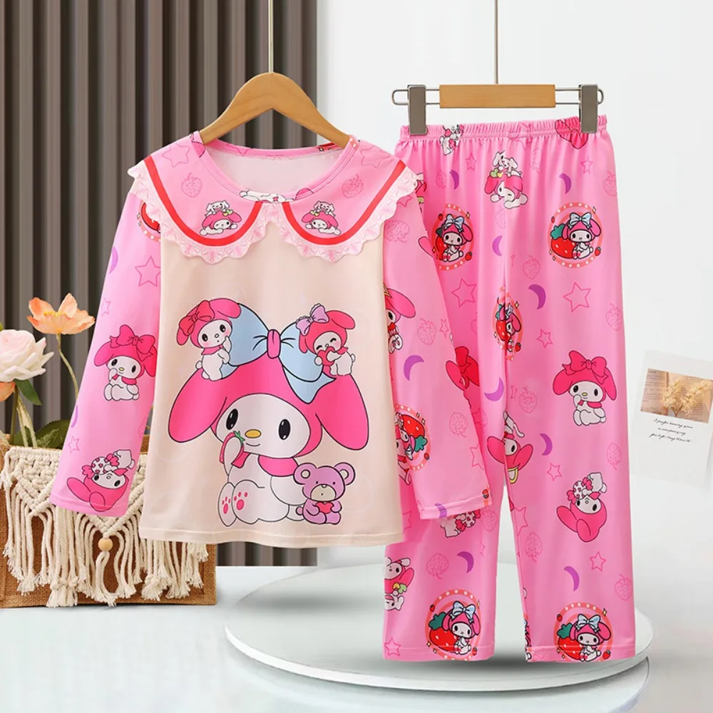 Disney Mickey Girls Pajama Sets Lace Neck Kawaii Cartoon Print Gal Pajamas Suit Soft Comfortable Breathable Homewear Sets