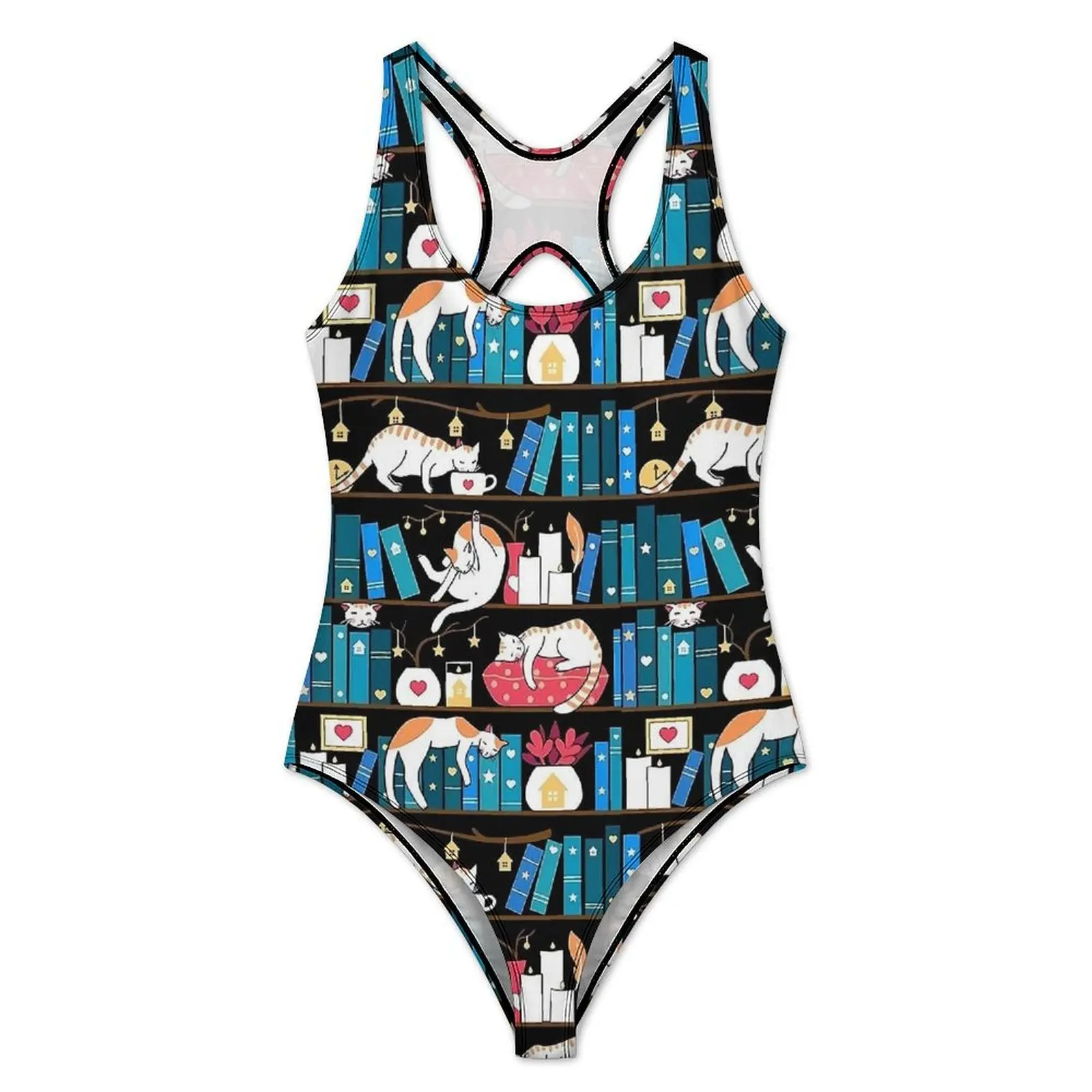 Cute Library Cats Print Swimsuit  Swimwear One Piece Holiday Pool Graphic Bodysuit Bathing Suit Women Push Up Sexy Beach Wear