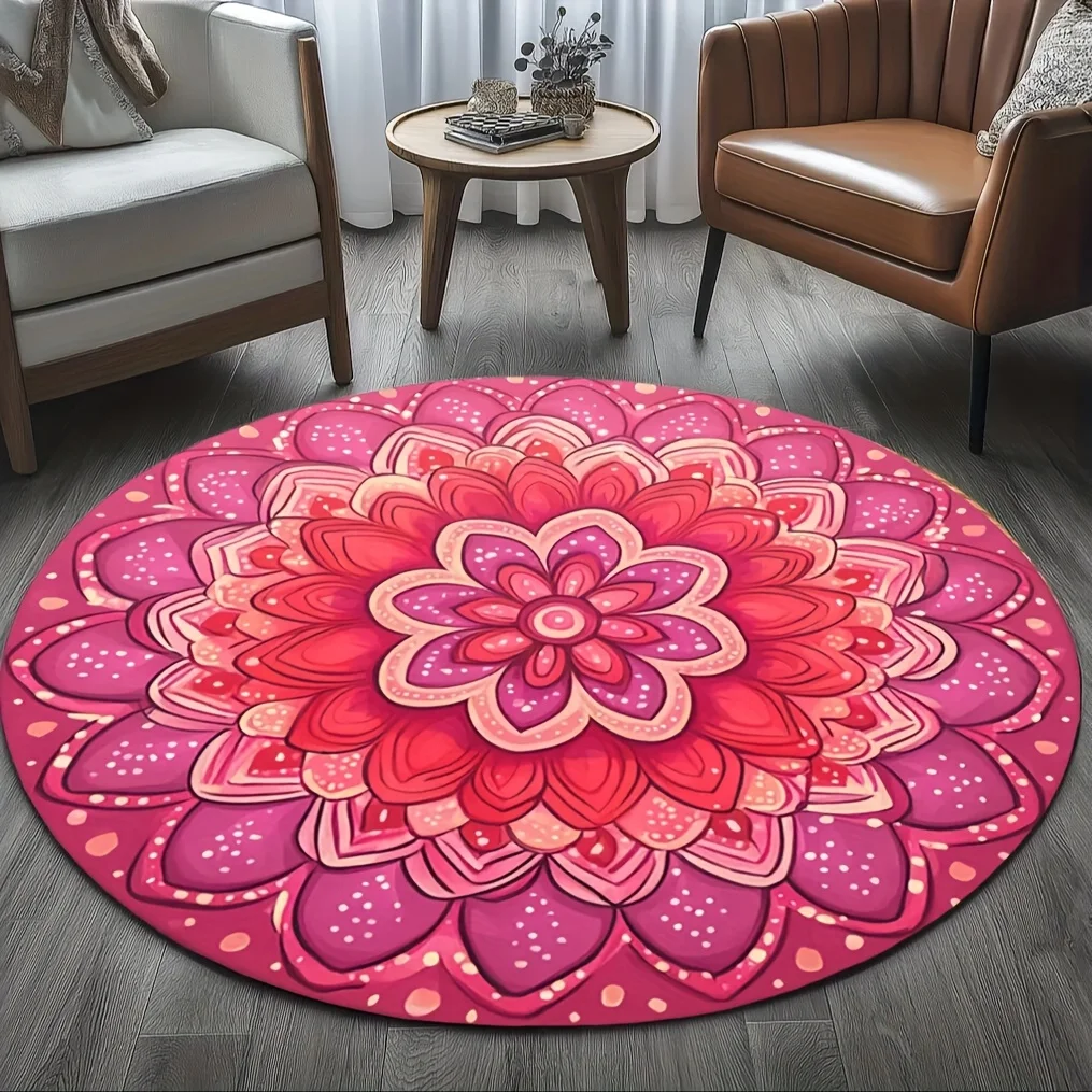 Boho Chic Round Floor Mat Layered Pink Petals Design Home Study Area Decorative Soft Carpet