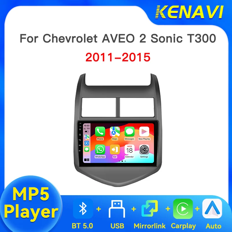 Radio con Pantalla Táctil para Chevrolet AVEO 2 Sonic T300 2011-2015, Reproductor MP5, CarPlay, Android Auto, BT, USB, Sistema Multimedia Estéreo