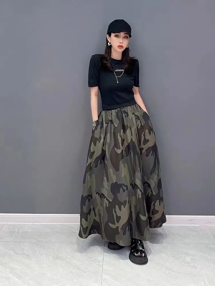 Cool Military Camo Long Skirt Camouflage Pattern Cute Boho Summer Aesthetic Casual Clothing High Waist Chiffon Oversize Bottoms