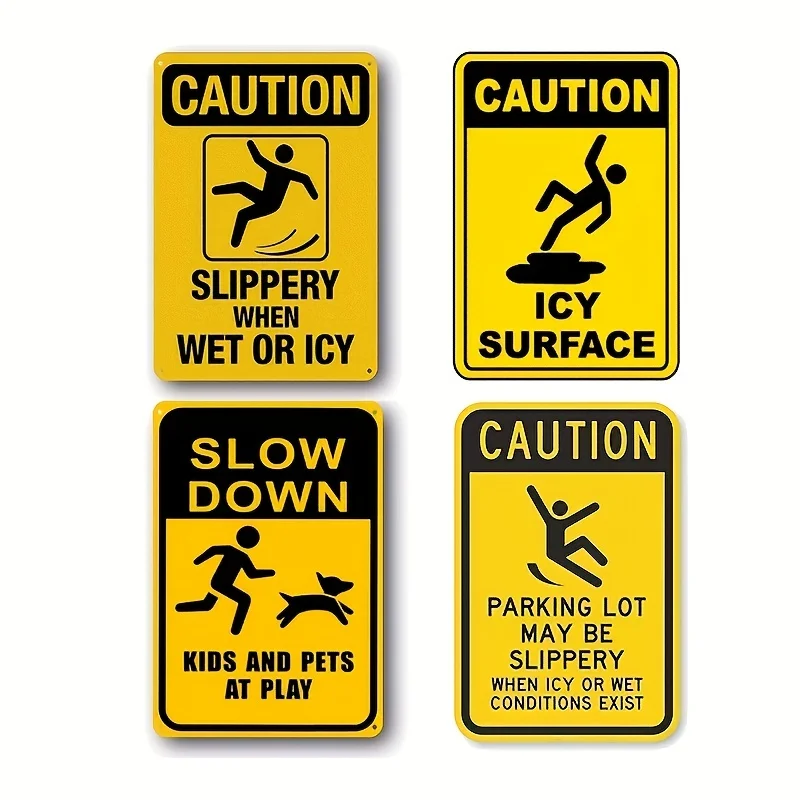 Caution Slippery Icy Surface Kids Pets Warning Graphic Metal Tin Sign Vintage Wall Decor For Parking Lot Driveway Yard Road
