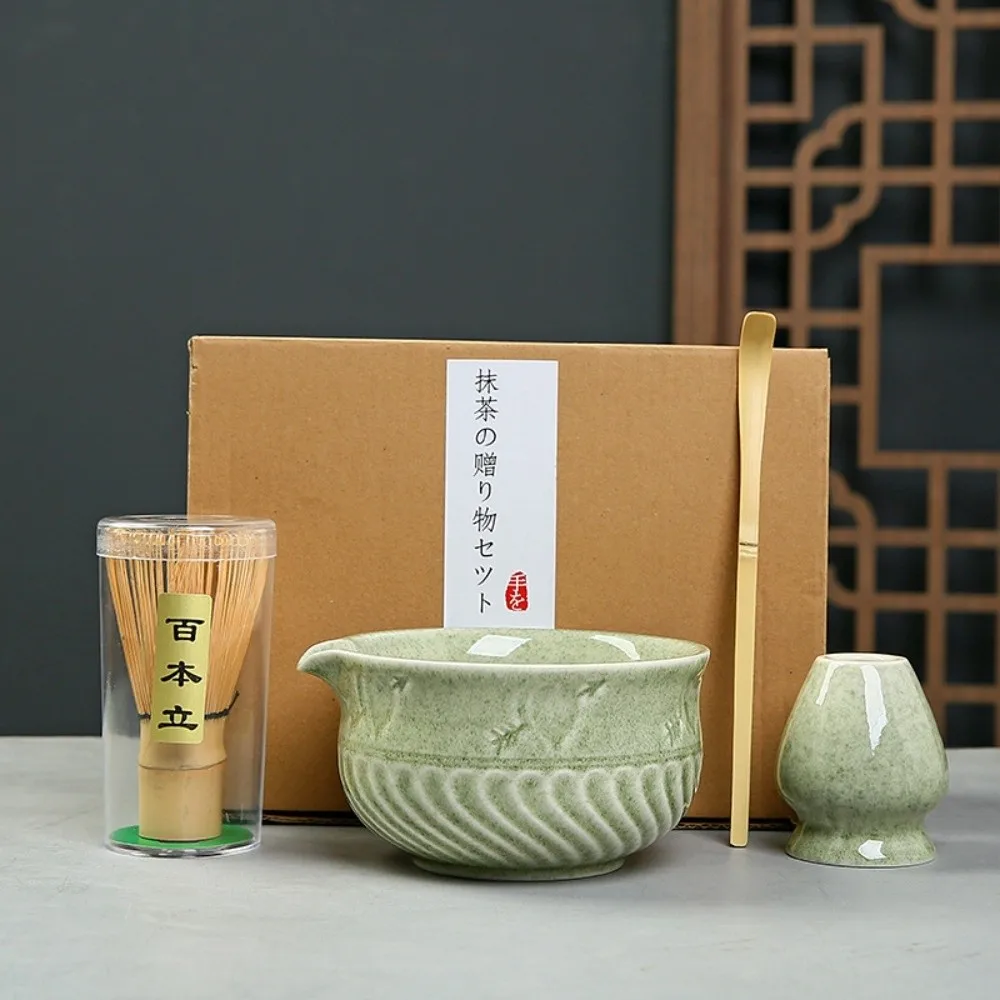 

4PCS Ceramic Bamboo Japanese Matcha Tea Set Matcha Bowl Matcha Whisk Holder Matcha Whisk Set Reusable Whisk Teaspoon Tea Sets