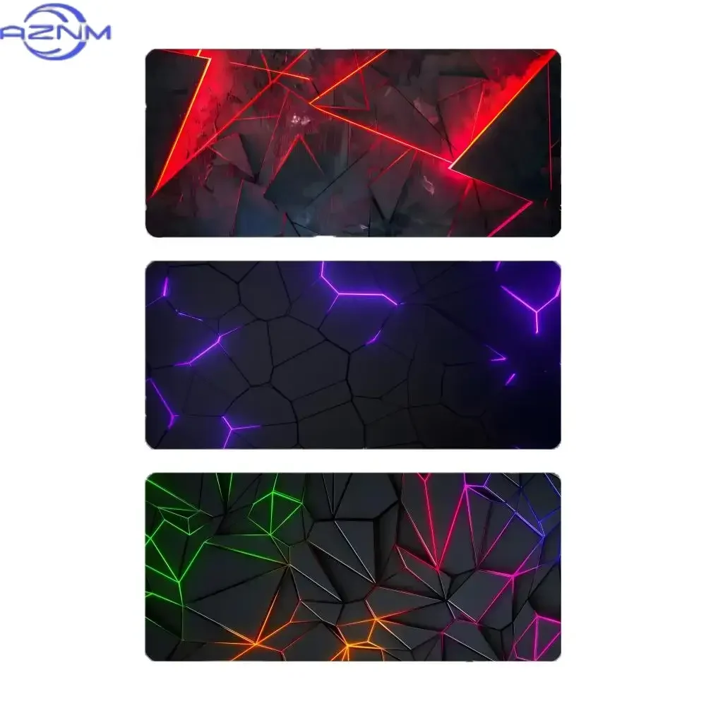 Neon Geometric Crack Line Mousepad Rubber Non-Slip Large Desk Mat Dark Tech Glowing Triangle Pattern Keyboard Pad for Gaming Off