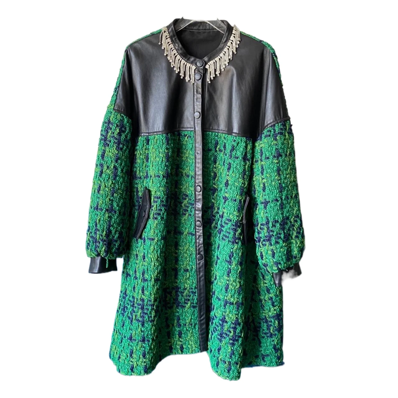 ファッショナブルな牛革パッチワークジャケット、ルーズフィット、ロング丈、ランタンスリーブ、秋冬新作、レディースプレミアムレザージャケット