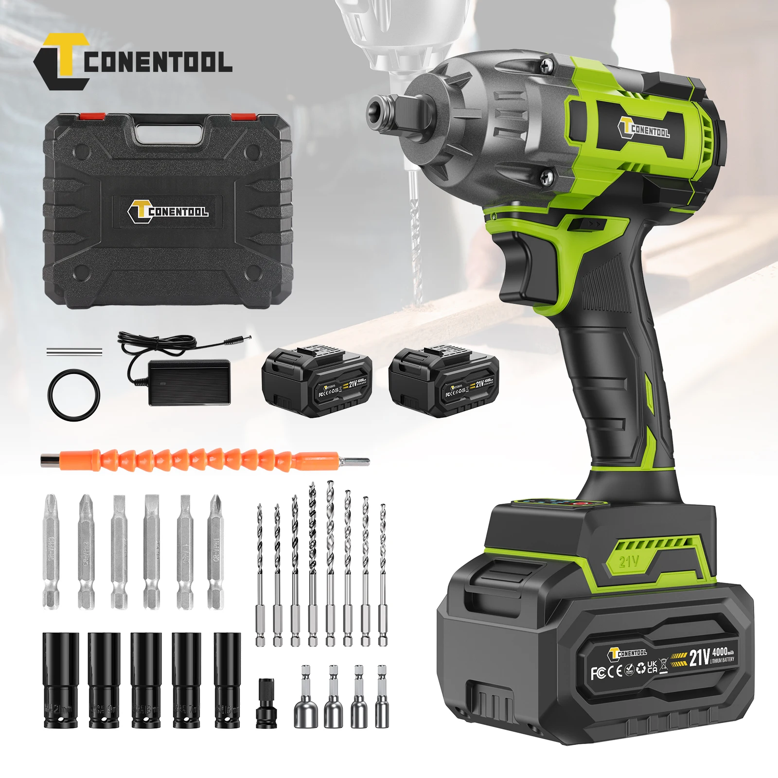 CONENTOOL 1200N.m 21V Avvitatore a Impulsi Senza Spazzole 1/2 Pollice ad Alta Coppia con Batteria da 4000mAh e Set di 27 Chiavi a Bussola, Ricarica Rapida per Riparazioni Auto, Garage e Fai-da-Te