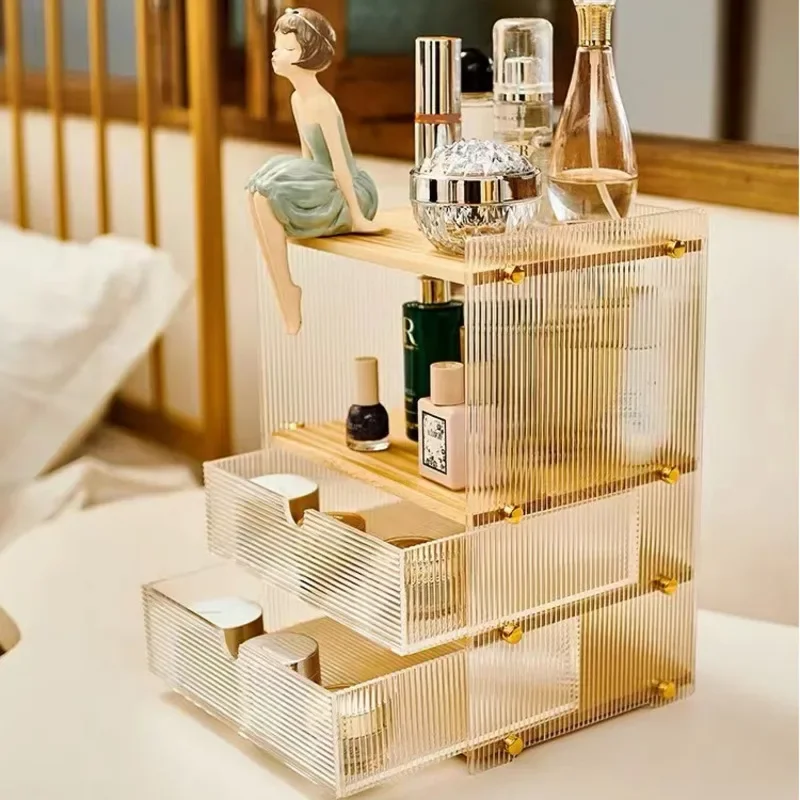 

Acrylic Cosmetics Storage Multilayer Organizers with Drawers for Skin Care, Solid Wood Dresser Storage Rack, Makeup Organizer