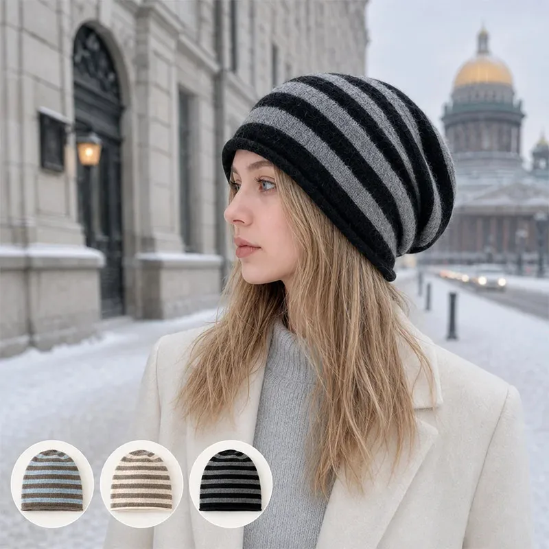 Womens Rabbit Hair Blend Striped Slouchy Beanie Soft Warm Fuzzy Knit Winter Hat Casual Skull Cap for Ladies Daily Outdoor Wear