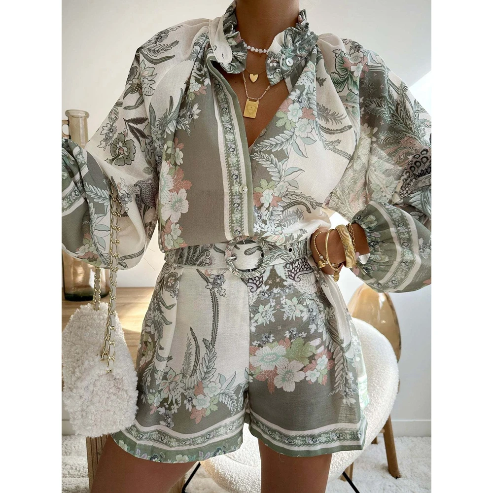 

Elegant Summer Two Piece Set Women Floral Print Long Sleeve Shirt Top and High Waist Shorts Set Womens Two Piece Sets