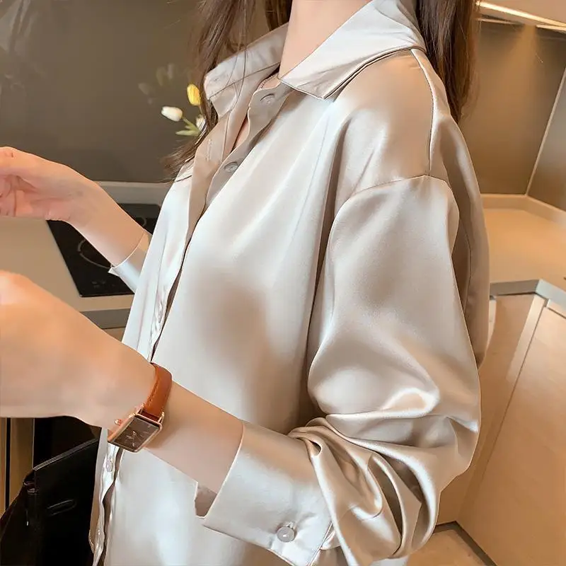 New Long-Sleeved Satin Shirt Femininity Advanced Sense Light Luxury 2024 Spring/Summer Sun Breathable Slim Retro Ins Tops
