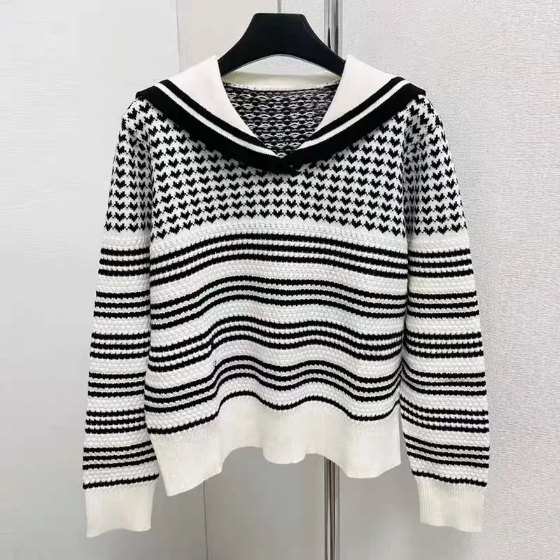 

Autumn Winter New Fashion Chic Striped Knitted Sweaters Female Clothing Vintage Commute Loose Sailor Collar Pullovers