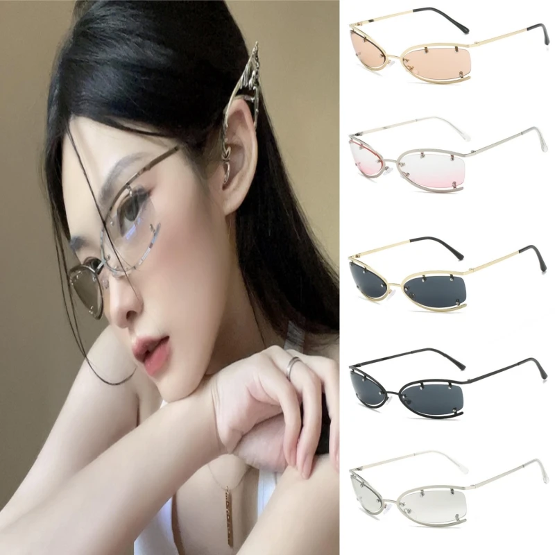 Vintage Frameless Oval Sunglasses Y2K Metal Spicy Girl Sun Glasses Concave Shape Street Photo Futuristic Style Sunglasses