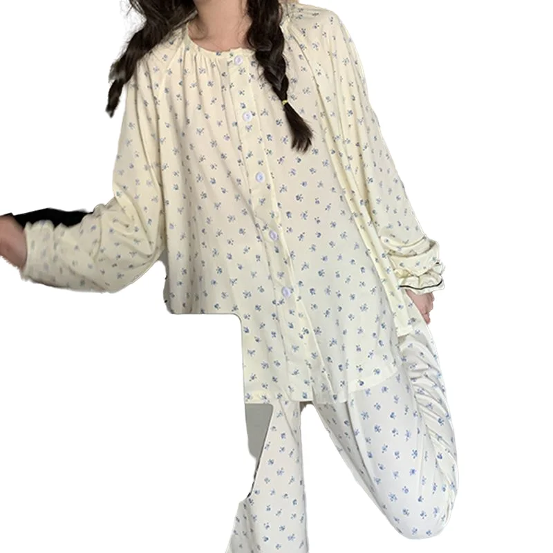 Floral Sleepwear Women Pajama Sets Korean Piiama Autumn Pants Sets for Women 2 Pieces Loose Night Wears Long Sleeve Home Suit