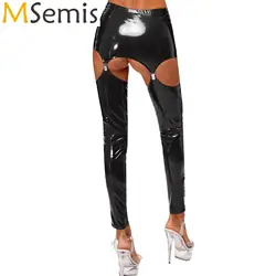 Womens Elastic Waist Thigh Cutout Leggings Mini Skirt with Garter Clips Glossy Sexy Pants Patent Leather Tights Sexy Clubwear