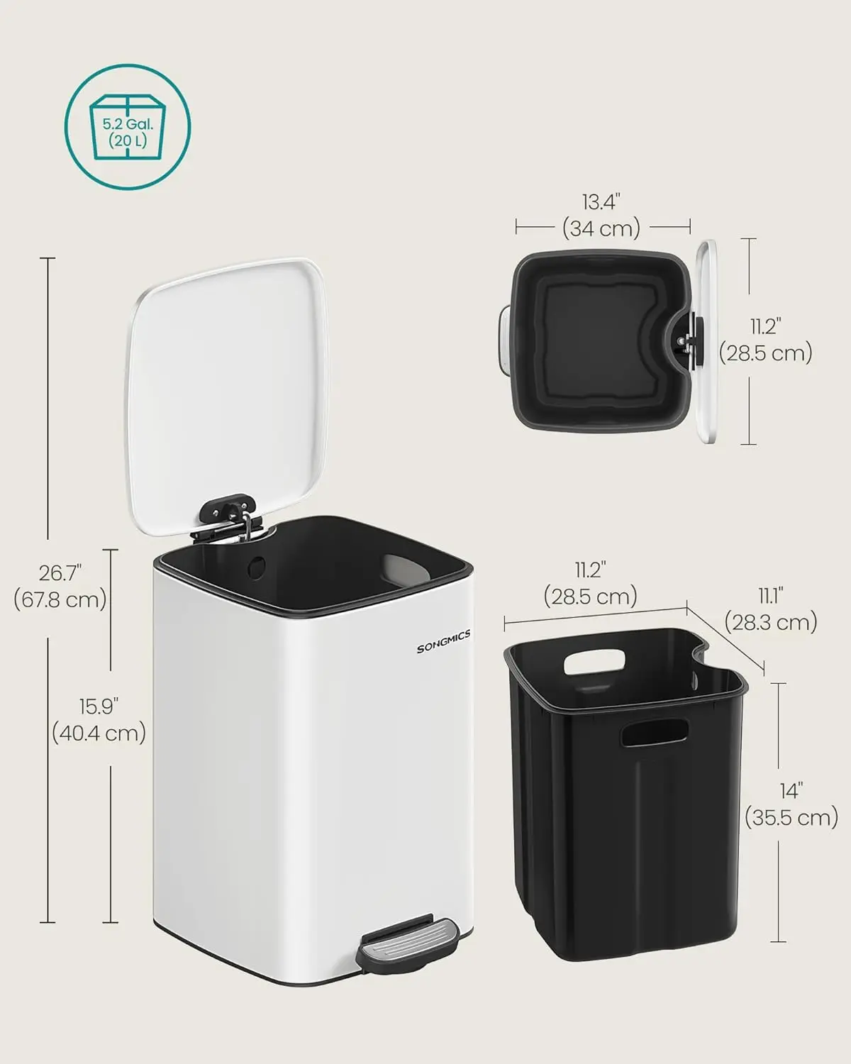 SONGMICS Kitchen Bin, 5.2-Gallon (20 L) Trash Bin, Steel Pedal Bin, with Inner Bucket, Soft Close and Stays Open