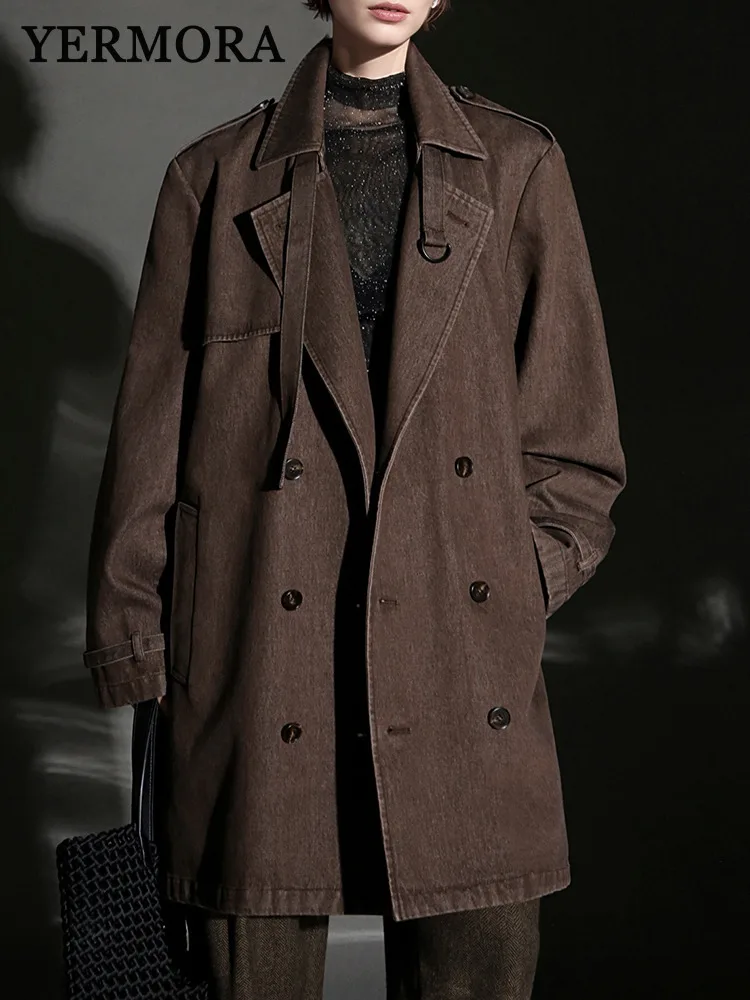 

YERMORA кофейный пояс на пуговицах, джинсовый плащ для женщин, свободная новая ветровка с лацканами и длинными рукавами, модная весна-осень 2025
