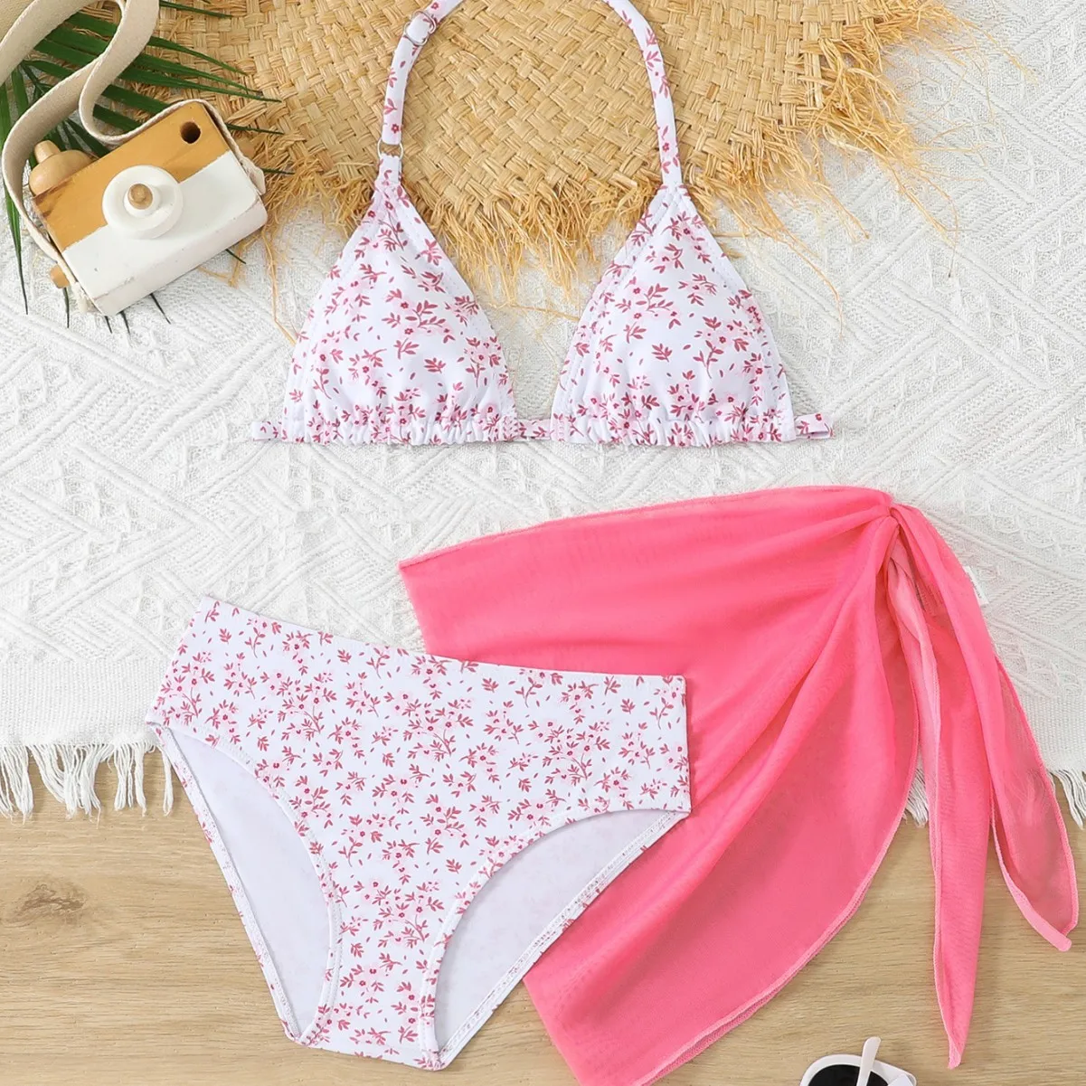 Tween Girl Summer Swimsuit Beach Bikini Set Off the Shoulder For Ages 9-16y Girls' Swimwear With Skirt 3pcs Outfit Bathing Suit - view 3