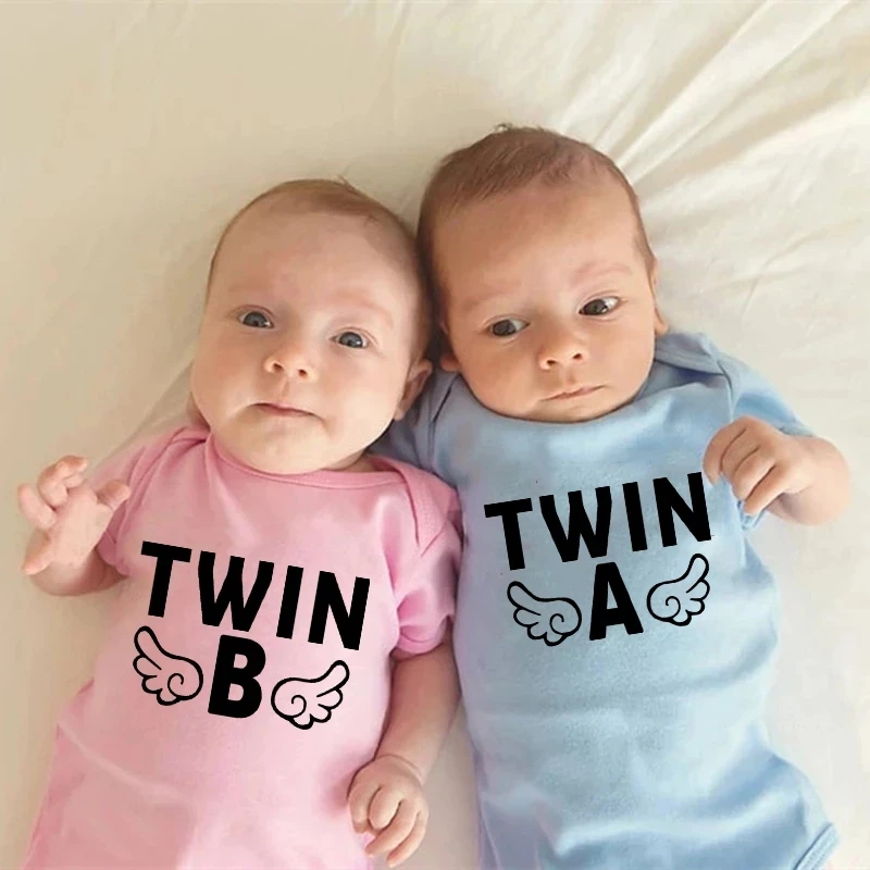 Twin A Twin B Funny Newborn Baby Bodysuits Cotton Short Sleeve Twins Rompers Summer Infant Boys Girls Jumpsuits Ropa Clothes