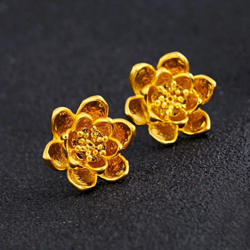 Pure 14 K Dubai Gold Fried Dough Lotus Flower Earrings for Women Girlfriend Wedding Birthday Gold Color Earrings Jewelry Gifts