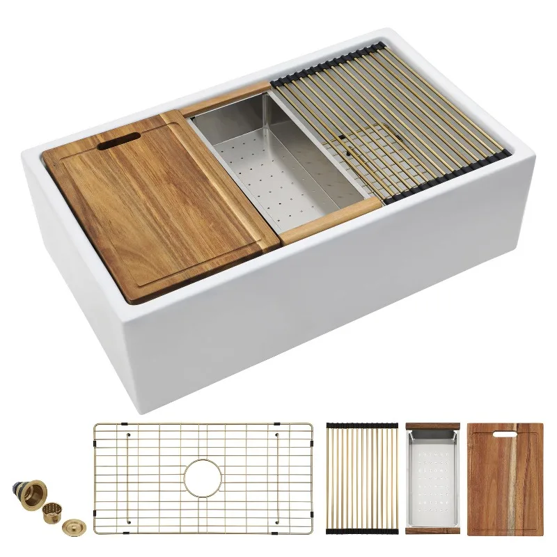 Farmhouse Apron Front White Porcelain Sink 33 Inch Single Bowl Ceramic Kitchen Washing Basin Household Kitchen Renovation