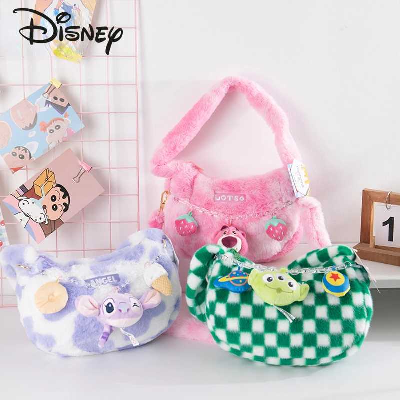 Disney Original 2024 New Women's Plush Bag Fashion High Quality Girl Underarm Shoulder Bag Cartoon Cute Women's Handbag