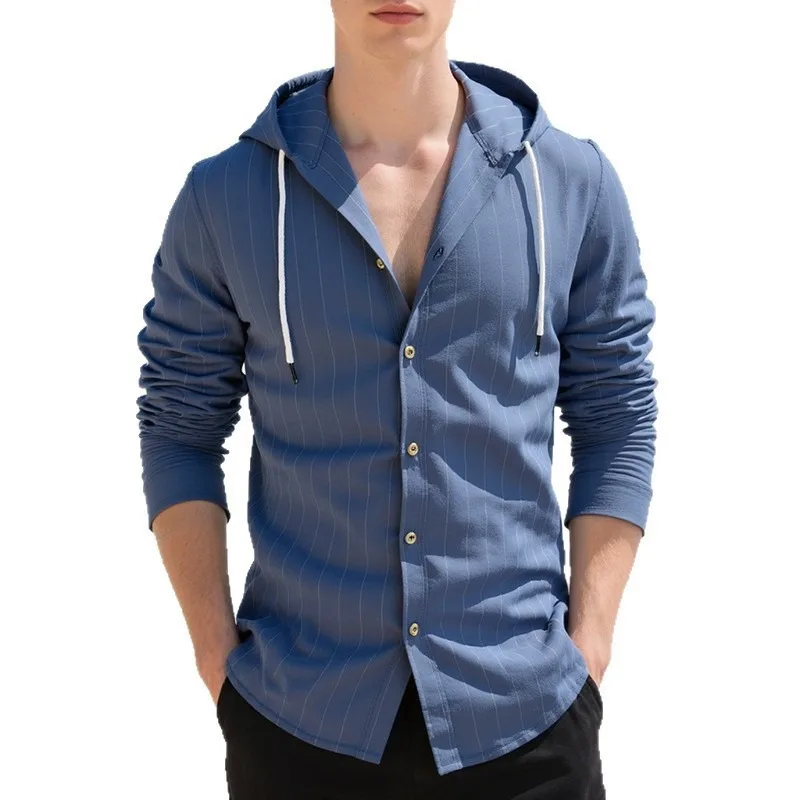 Men Striped Linen Hooded Shirt Long Sleeve Button Down Casual Slim Fit Shirts