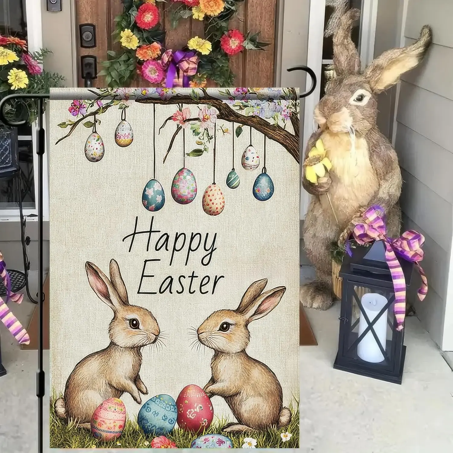 Happy Easter Garden Flag Happy Bunny Outdoor Decors Flag 12×18 Inch Double Side Rabbit Egg Tree Small Yard Flag Seasonal Dec SSL
