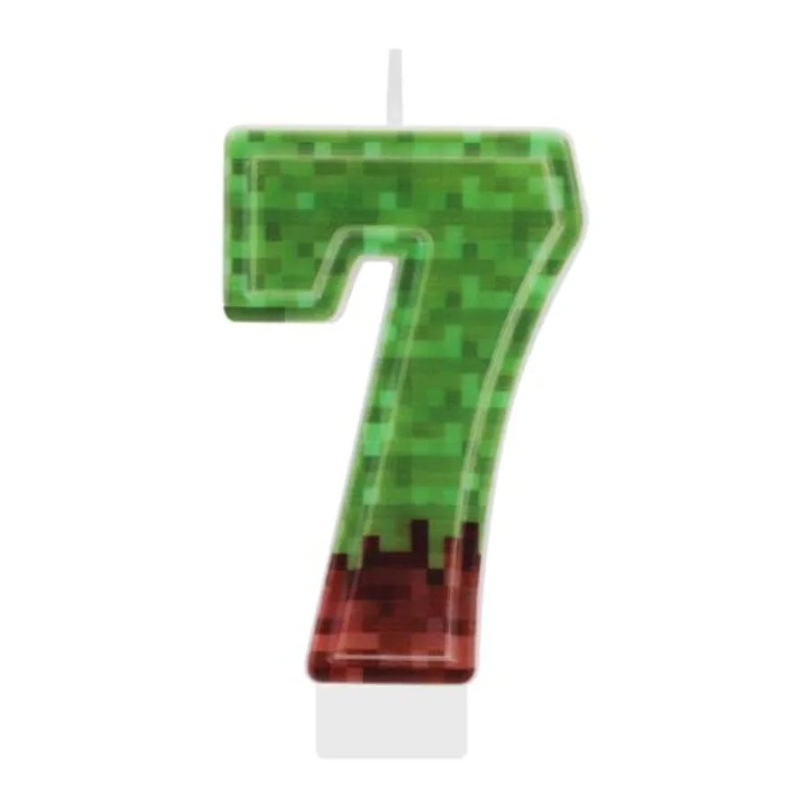 Pixel Birthday Number Candle Green Brown Paraffin Cake Toppers Decorations for Miner Game Party Number 7
