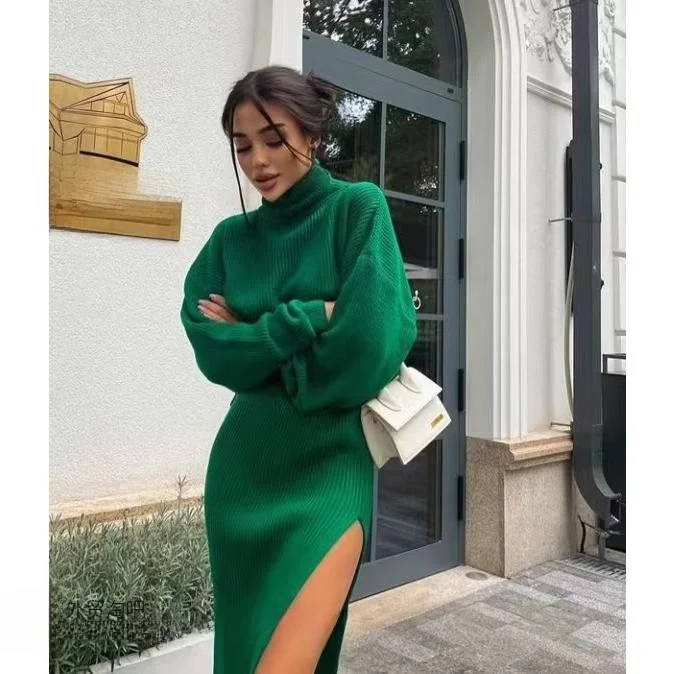 

Autumn Winter High Neck Loose Top Sexy Split Skirt Knitted Sweater Set Women's Fashion Ensemble Open Cardigan Long Sleeve