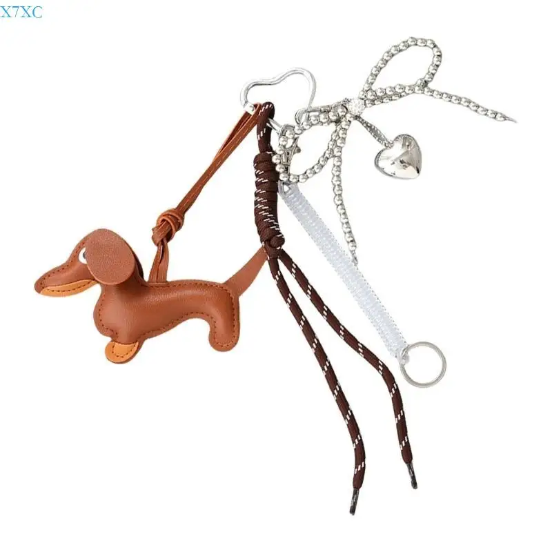 X7XC Sausage Dog Keychain Bows ยนต์เครื่องประดับเครื่องประดับกระเป๋า Charm
