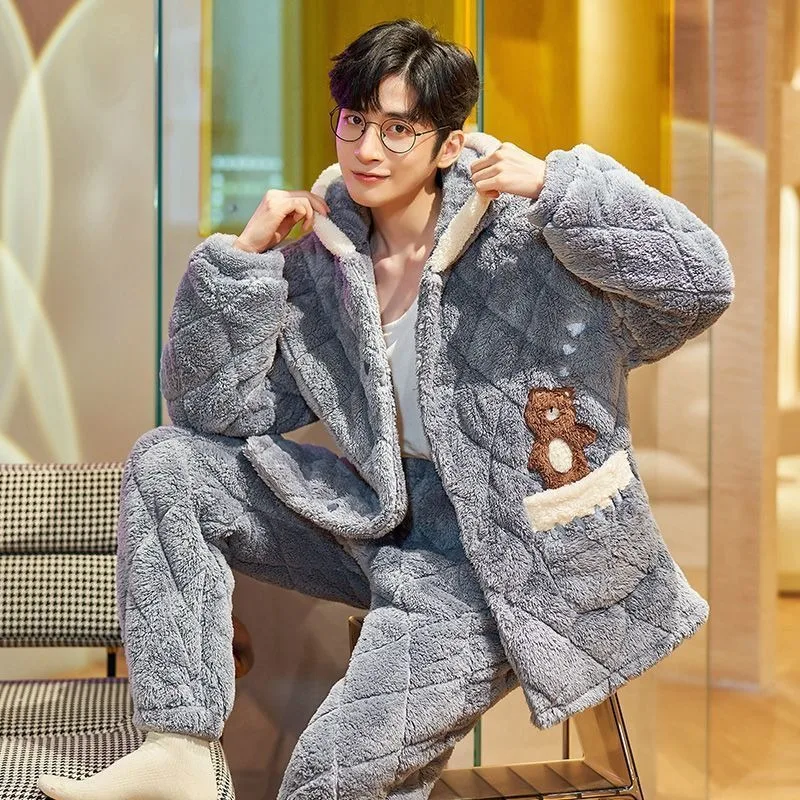 Male Winter Pajamas Plush Thickened Sleepwear Boys Three Layers Padded Pijama Warm Men\'s Flannel Coral Velvet Loungewear Set