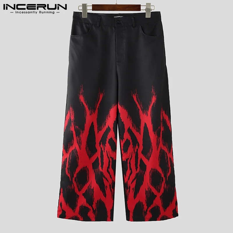 INCERUN 2024 American Style Trousers Stylish Men's Funny Printed Mesh Pattern Long Pants Leisure Hot Sale Straight Leg Pantalons