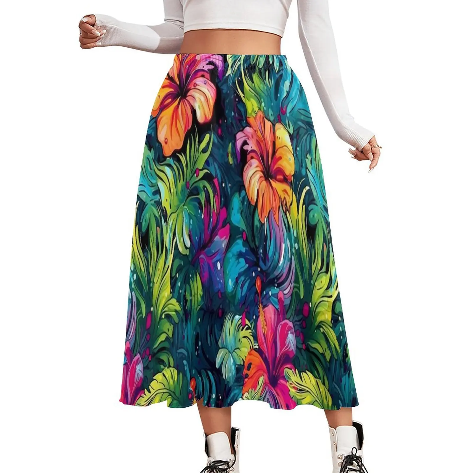 Lily Floral Print Skirt Colorful Flower Retro Long Skirts Summer Korean Fashion High Waist Chiffon Pattern Big Size Casual Skirt