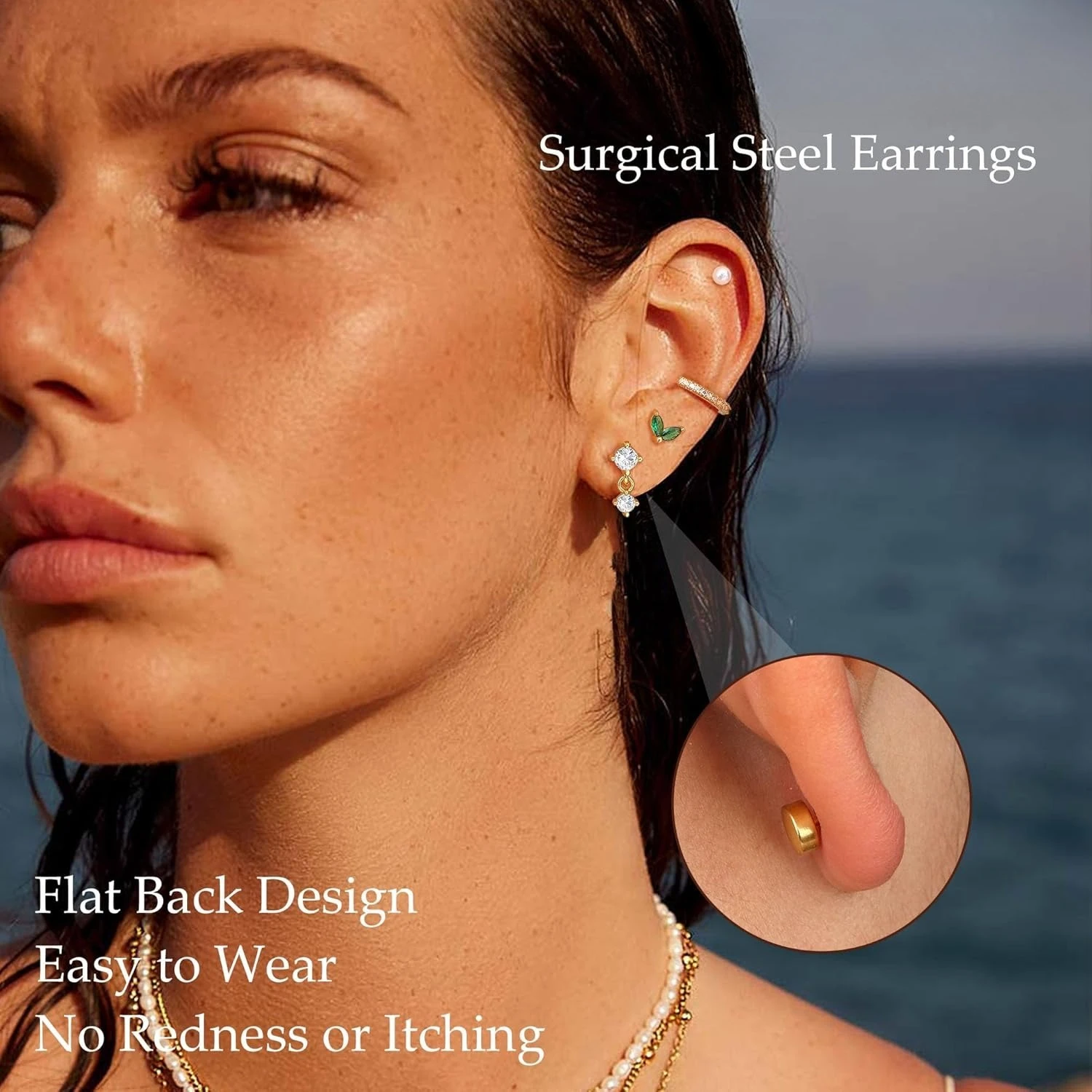 Bobisty 10Pairs Surgical Steel Earrings Cartilage Hoop for Sensitive Ears Women Trendy Flat Back Studs Stacks Tragus Piercing