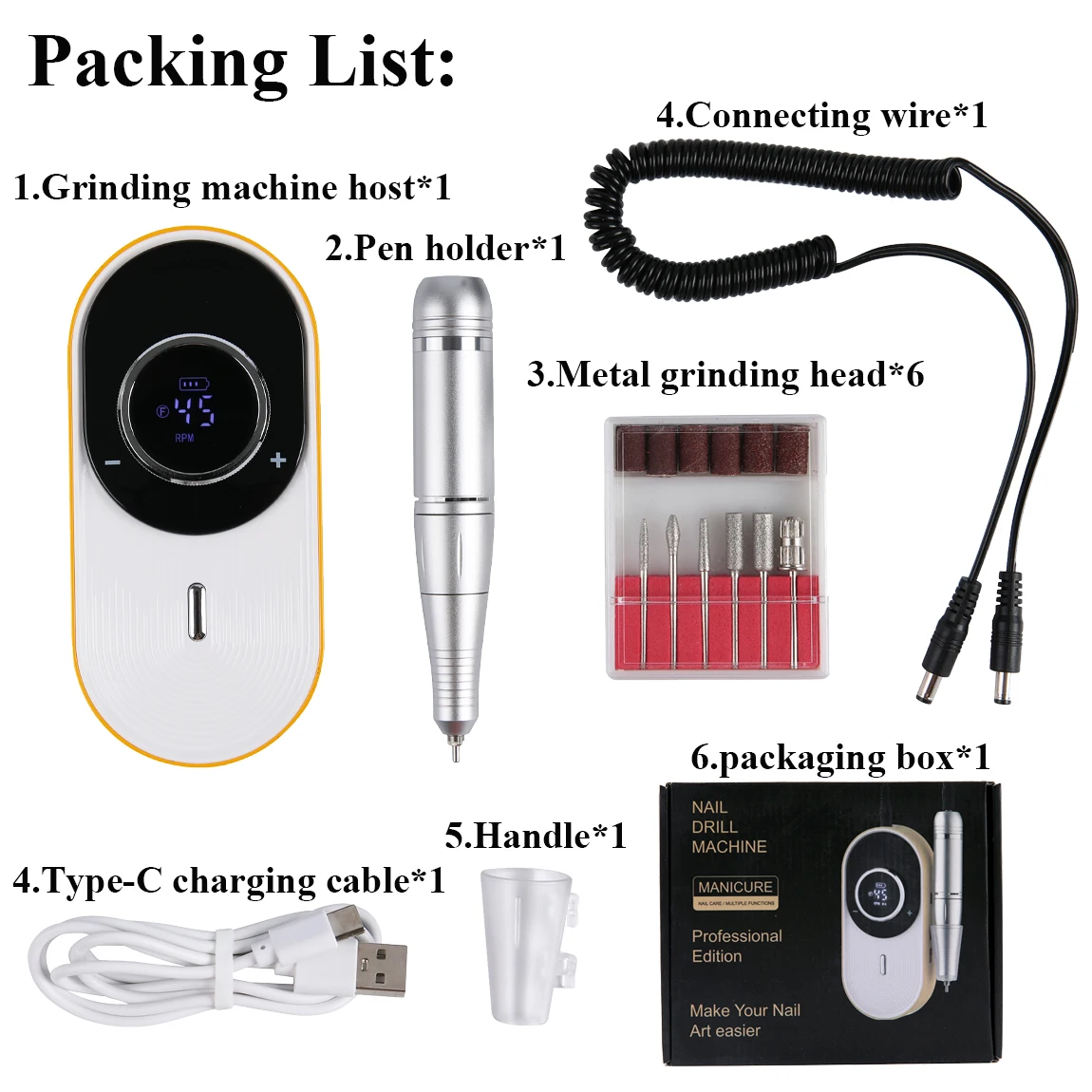 Profesjonalna elektryczna frezarka do paznokci 45000 obr./min, akumulatorowa, przenośna, cicha pilarka do paznokci do salonu manicure.