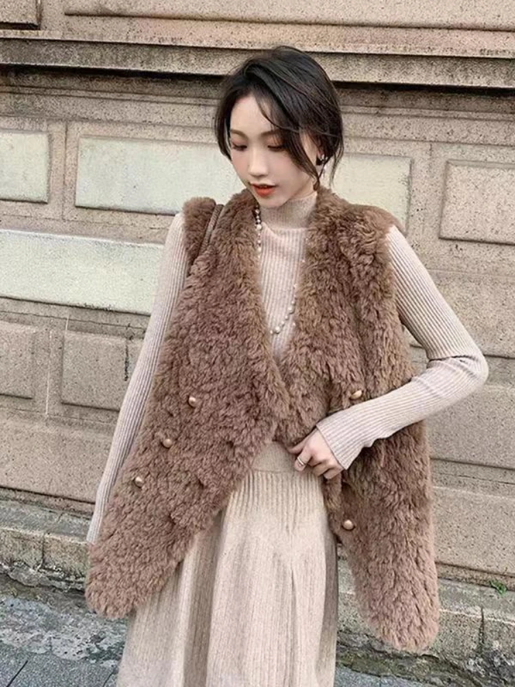 

Lamb's Wool Coat Women Fur Vest Sleeveless Cardigan Warm Jacket Korean Chic Thick Waistcoat Autumn Winter Tops Coats Vestes