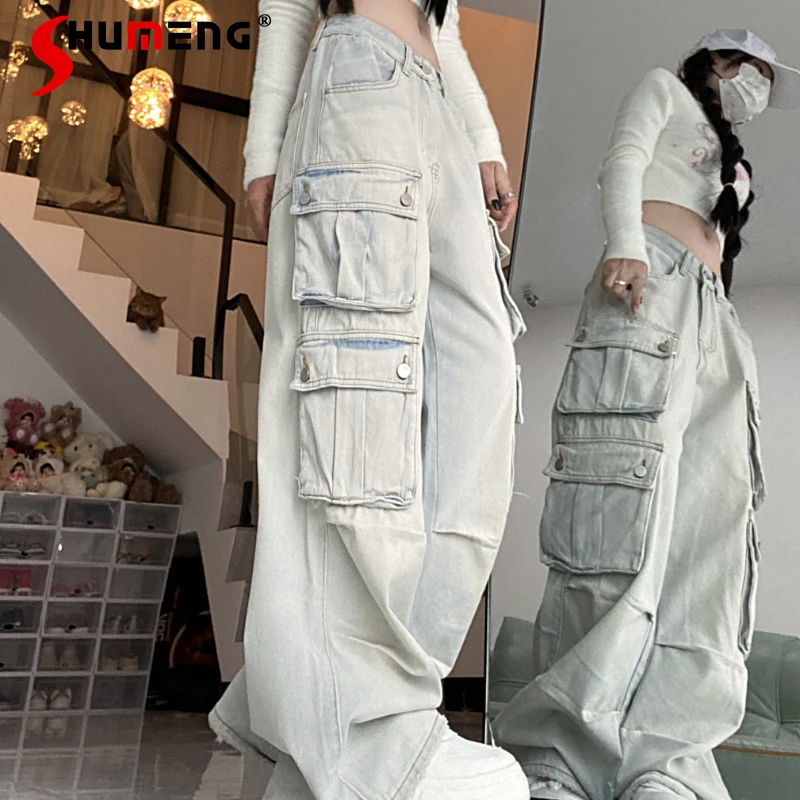 

Street Cargo Multi-Pocket Jeans Woman Overalls 2004 Spring and Autumn New American Loose Women Washed Light Color Denim Trousers